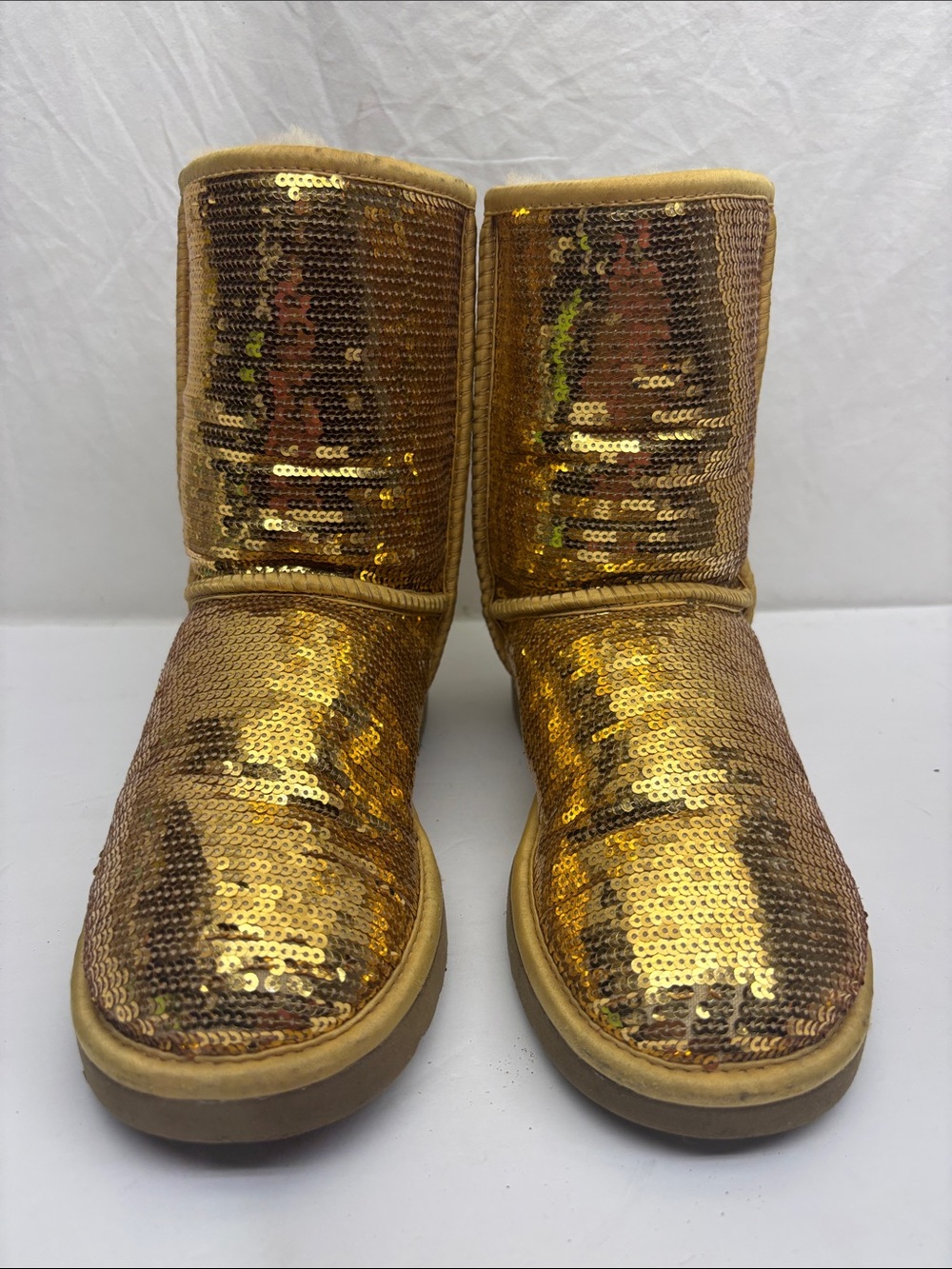 UGG Gold Sequin Classic Short Boots, SZ 7, box 49